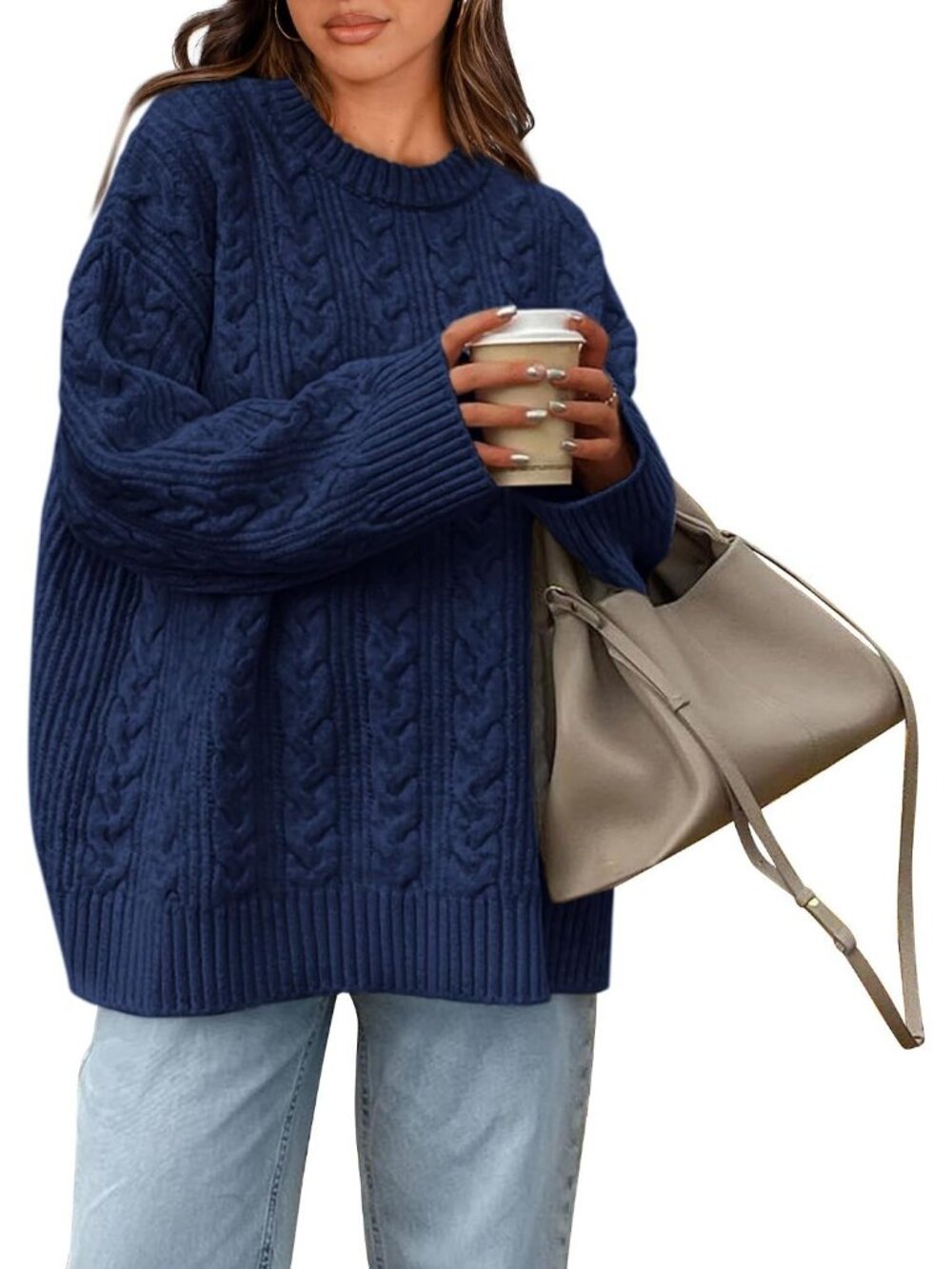 Women's Dark Blue Cozy Chunky Textured Knit Crewneck Oversized Fashion Sweaters